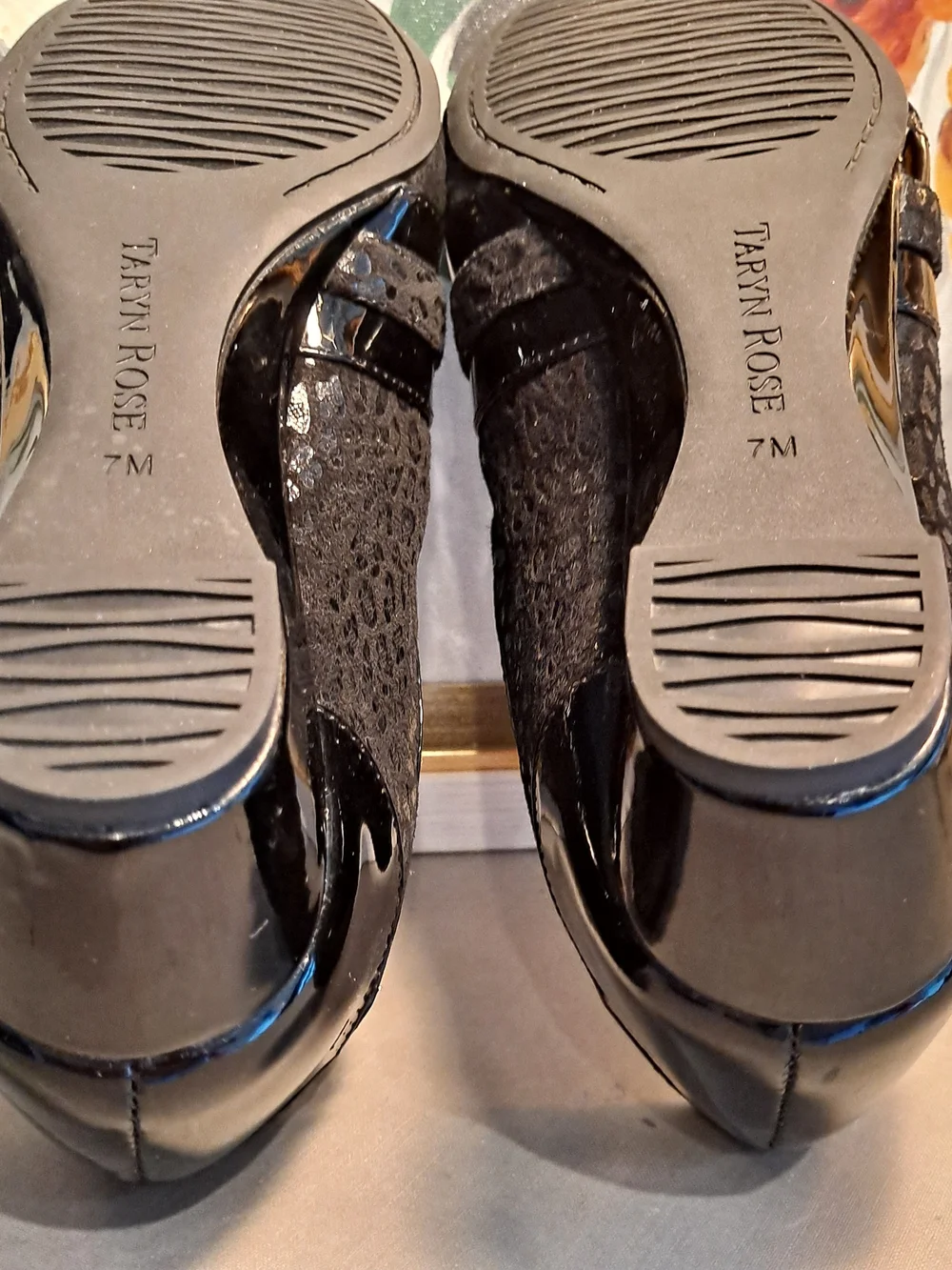 Taryn Rose Traveler Paislee Black Patent Textured Animal Print Slip-On Wedges